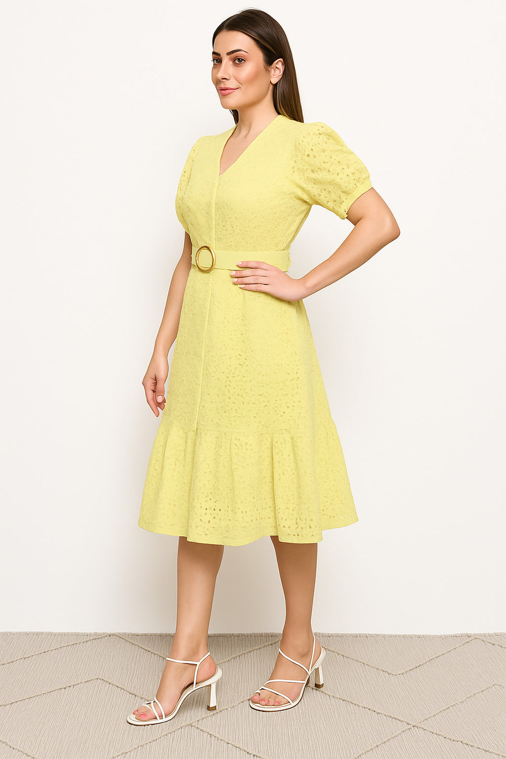 Women A-line Yellow Midi/Calf Length Dress
