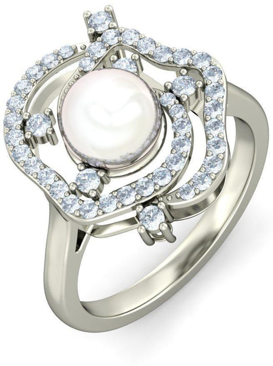 BlueStone The Forever Rose White Gold Diamond, Pearl 14 K Ring