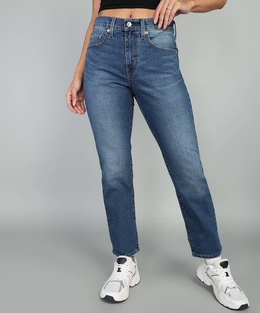 Women Straight Fit Mid Rise Blue Jeans