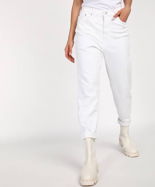 Women Tapered Fit Mid Rise White Jeans