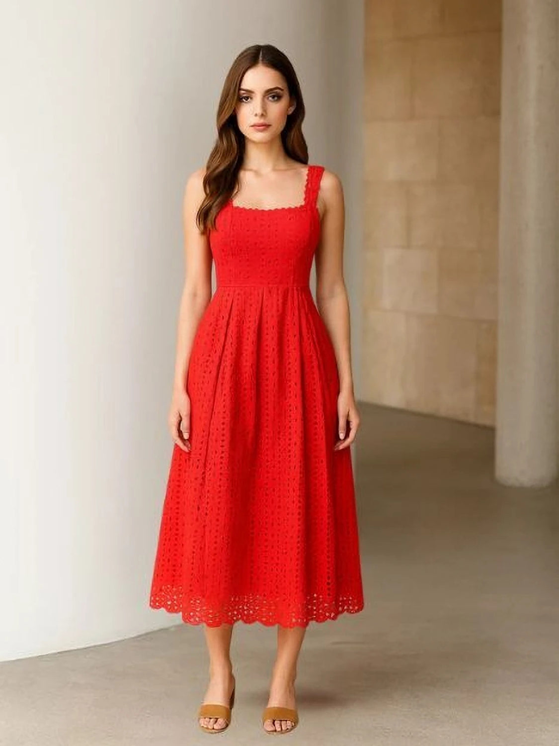 Women Fit and Flare Red Midi/Calf Length Dress