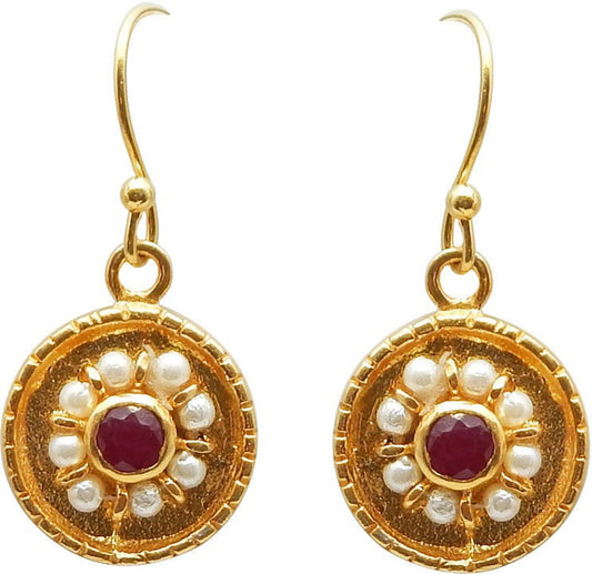 The V Collection A1E-934 Yellow Gold Pearl, Ruby Brass Dangle Earring