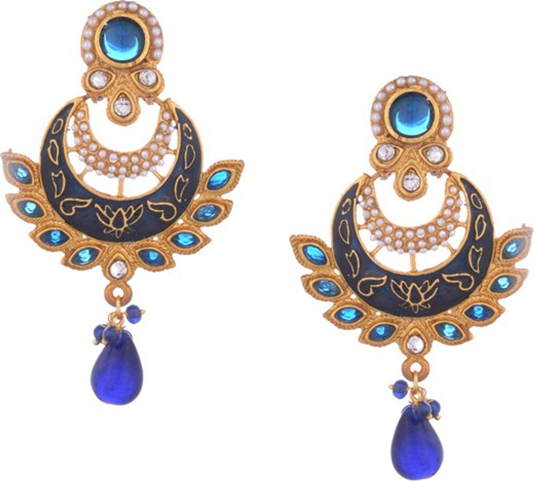 Young & Forever Blue Meena Cresent Designer Stone, Alloy, Mother of Pearl Chandbali Earring