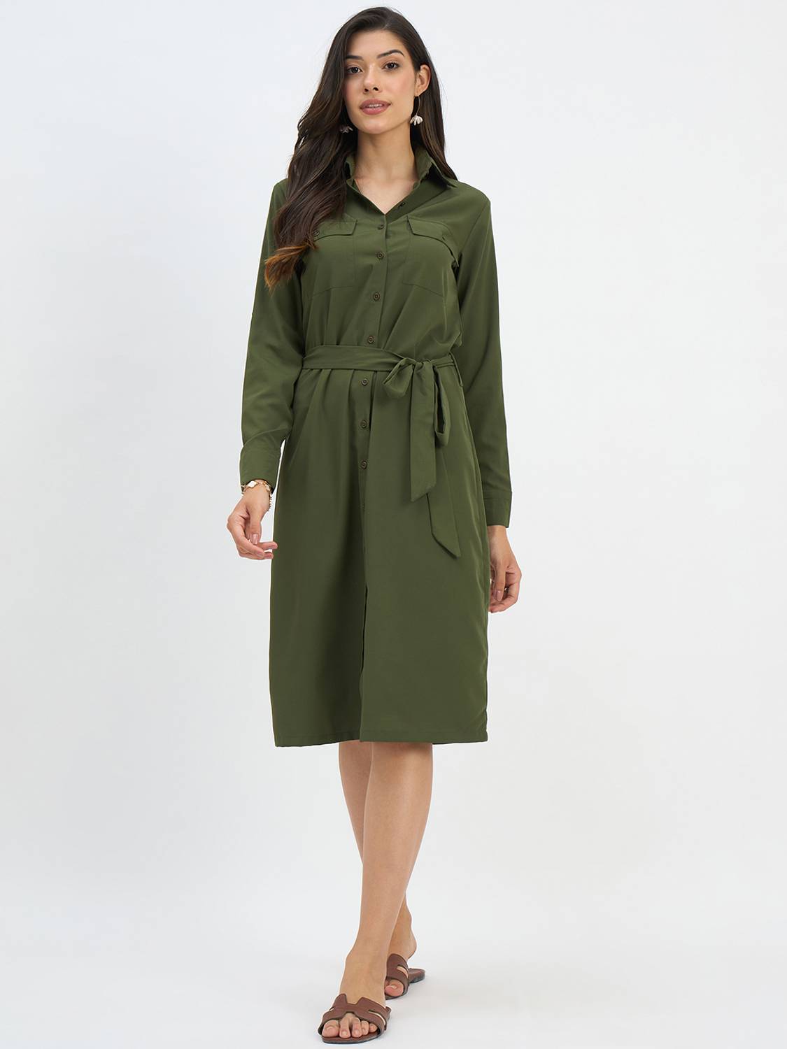 Women A-line Green Knee Length Dress