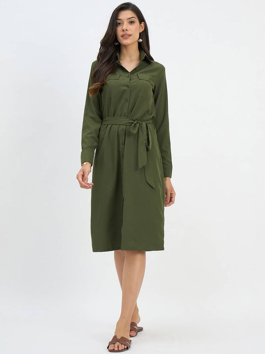 Women A-line Green Knee Length Dress