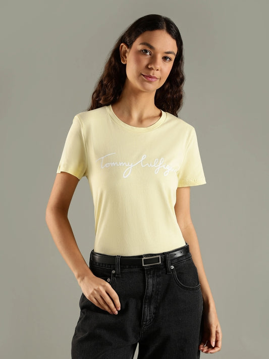 Women Printed Crew Neck Pure Cotton Yellow T-Shirt