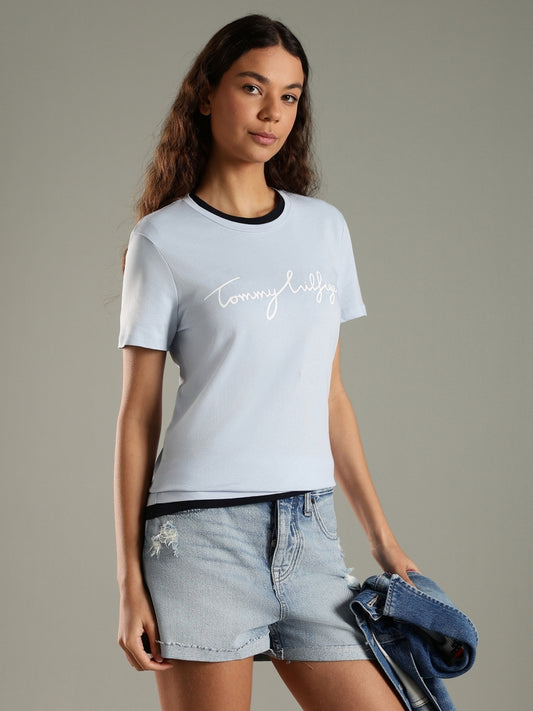 Women Printed Crew Neck Pure Cotton Blue T-Shirt