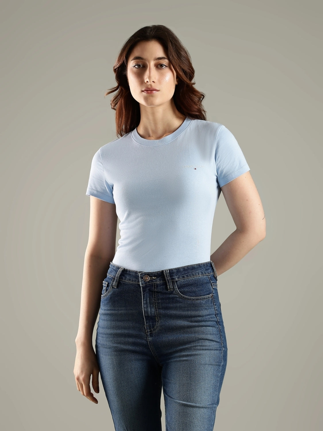 Women Solid Crew Neck Pure Cotton Blue T-Shirt