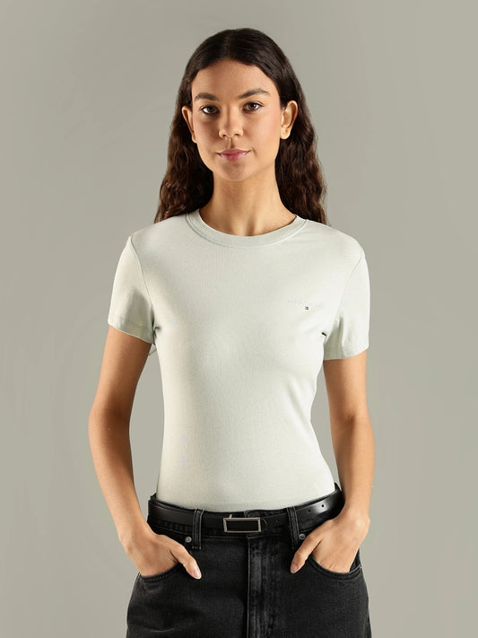 Women Self Design Crew Neck Pure Cotton Green T-Shirt