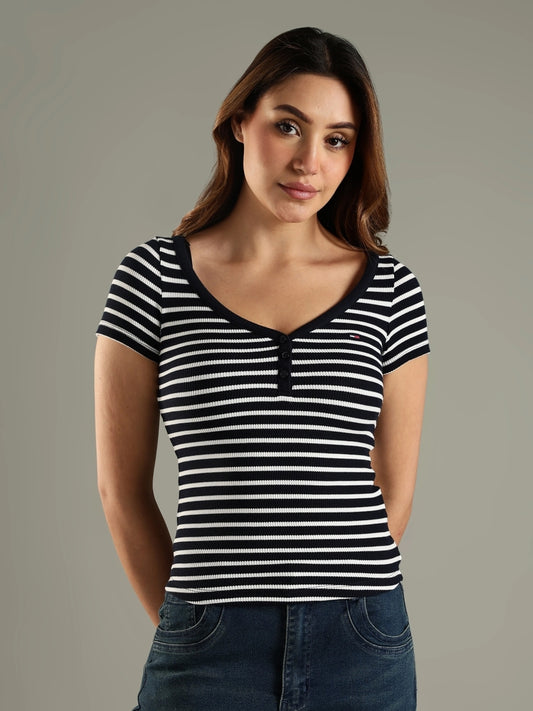 Women Striped Scoop Neck Pure Cotton Blue T-Shirt