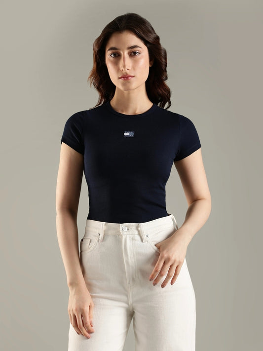 Women Solid Round Neck Pure Cotton Navy Blue T-Shirt