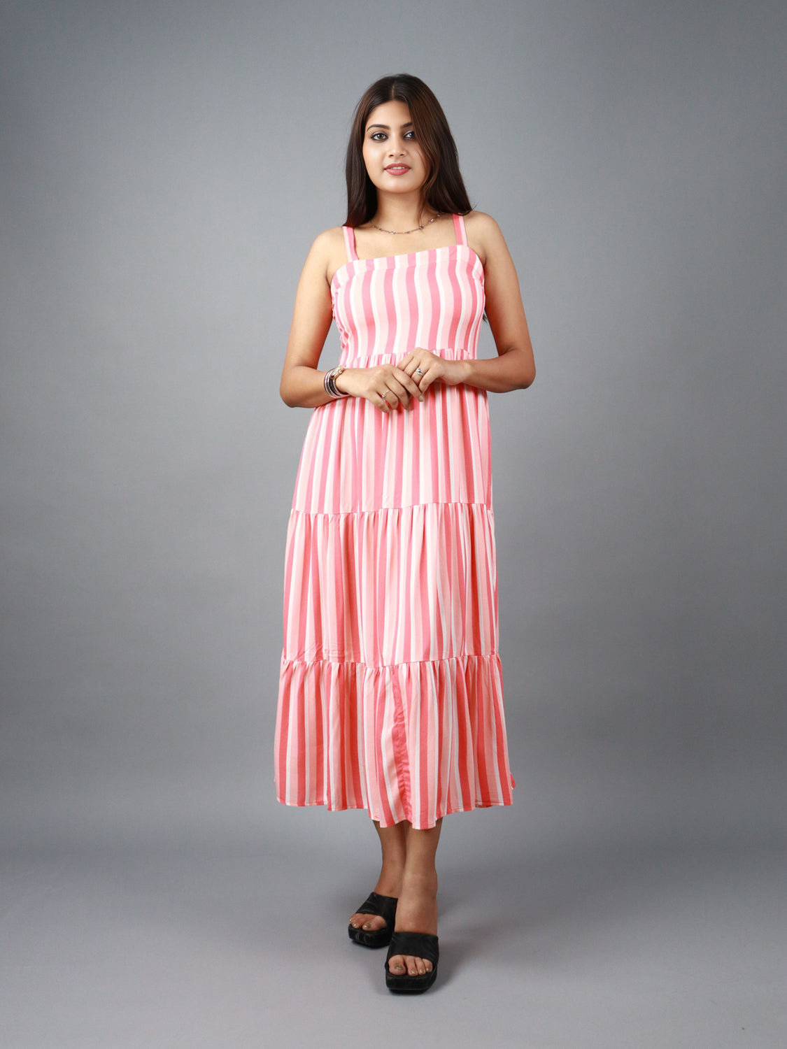 Women A-line Pink, White Midi/Calf Length Dress