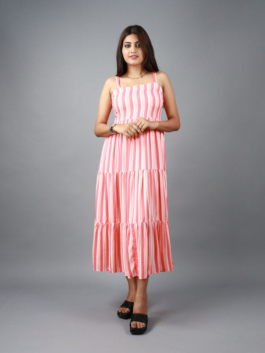 Women A-line Pink, White Midi/Calf Length Dress