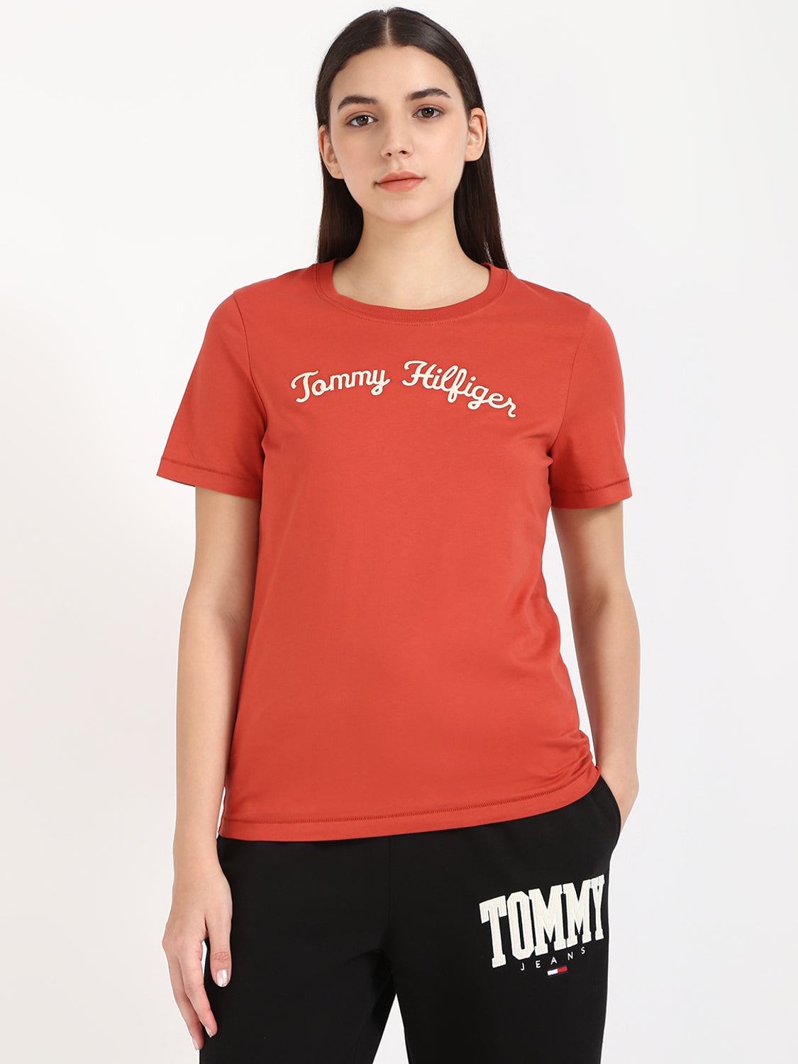 Women Printed Crew Neck Cotton Blend Red T-Shirt