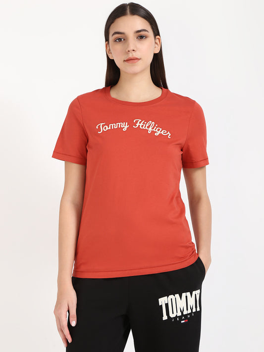 Women Printed Crew Neck Cotton Blend Red T-Shirt