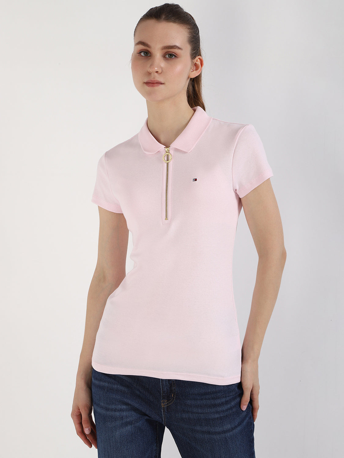 Women Solid Polo Neck Cotton Blend Pink T-Shirt