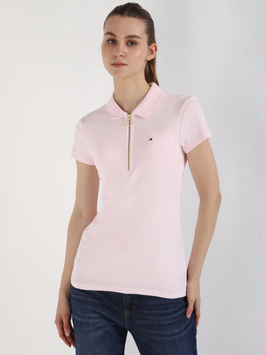 Women Solid Polo Neck Cotton Blend Pink T-Shirt