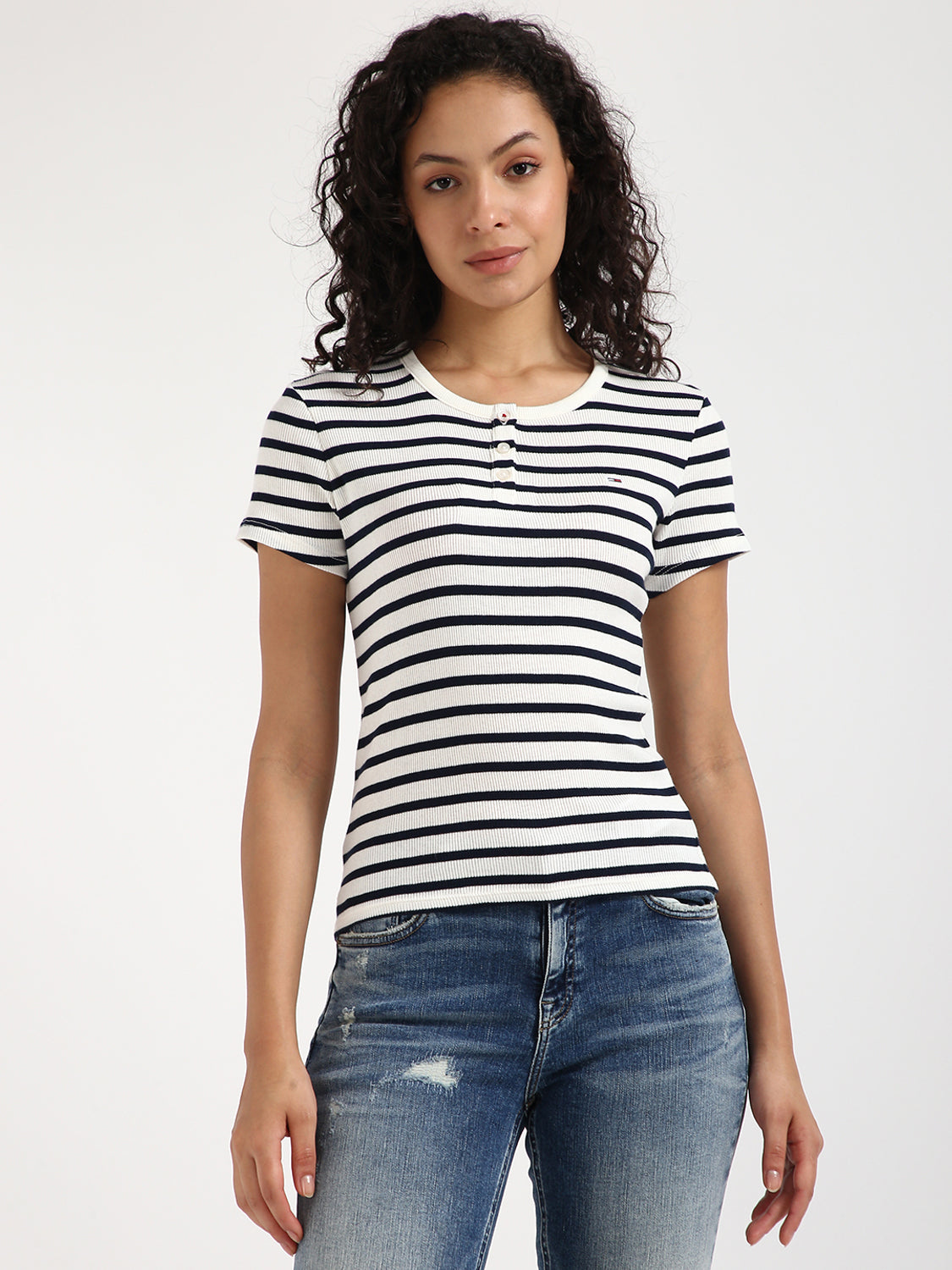 Women Striped Round Neck Cotton Blend White, Black T-Sh...