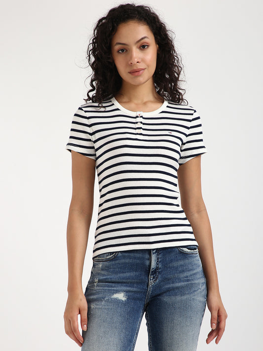 Women Striped Round Neck Cotton Blend White, Black T-Sh...