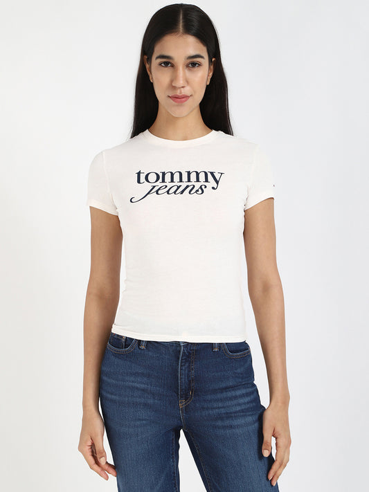 Women Graphic Print Round Neck Cotton Blend White T-Shi...