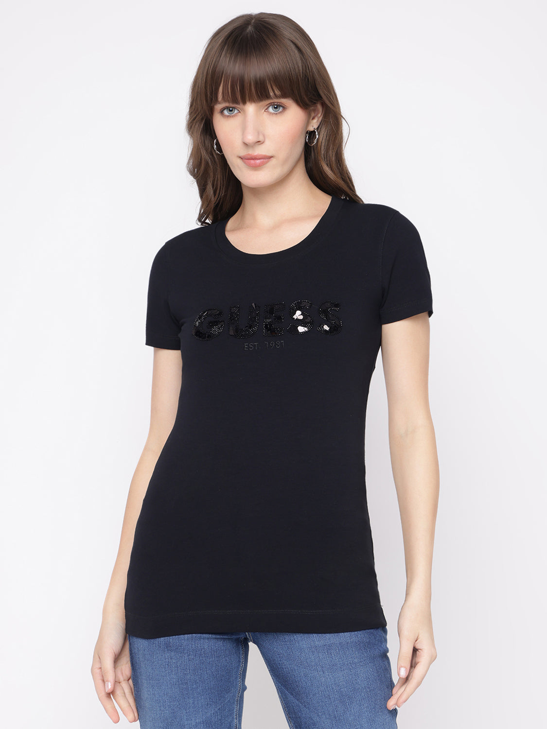 Women Embroidered Round Neck Cotton Blend Black T-Shirt