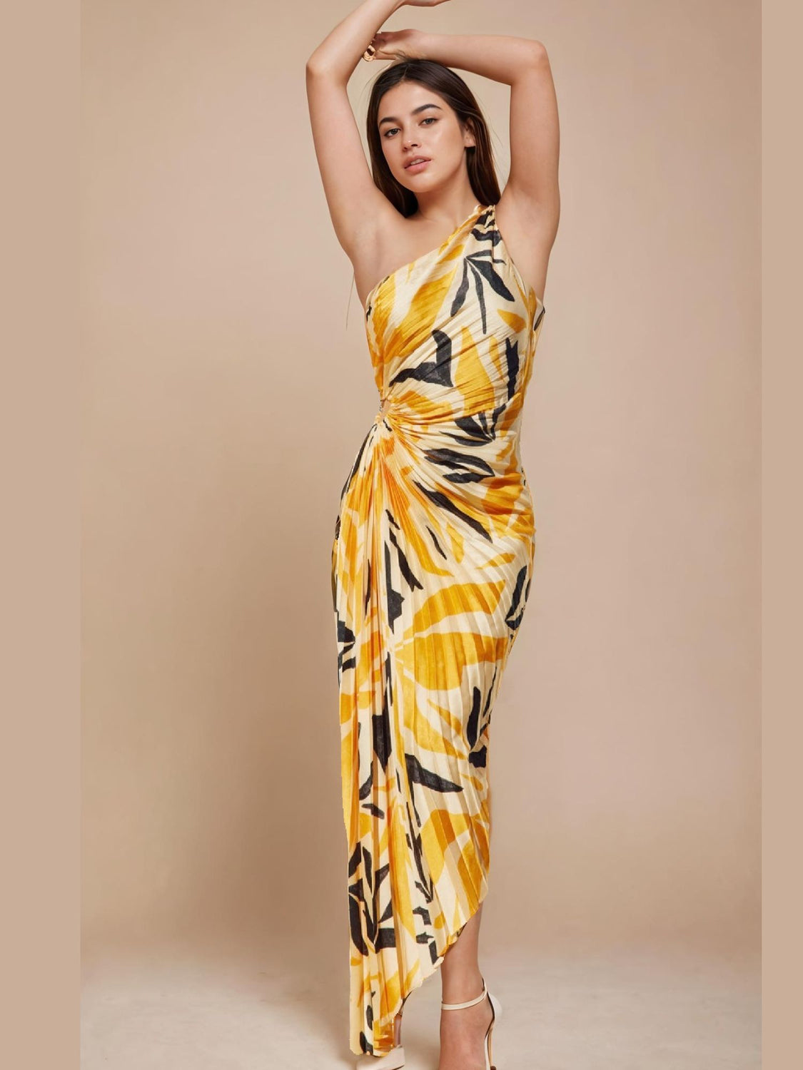 Women Pleated Yellow Ankle Length Dress