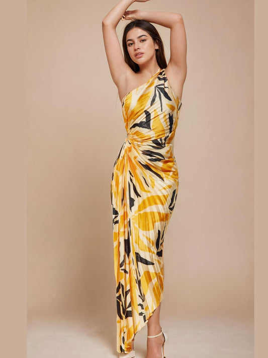Women Pleated Yellow Ankle Length Dress