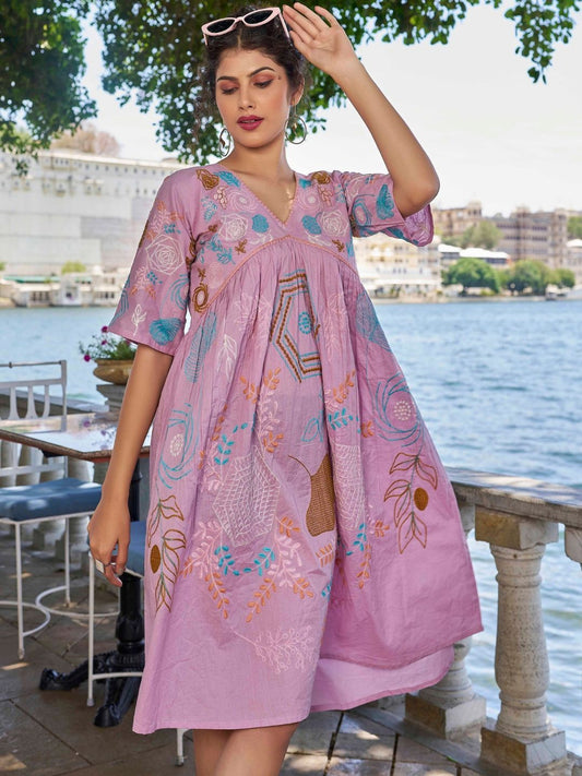 Women A-line Pink Knee Length Dress