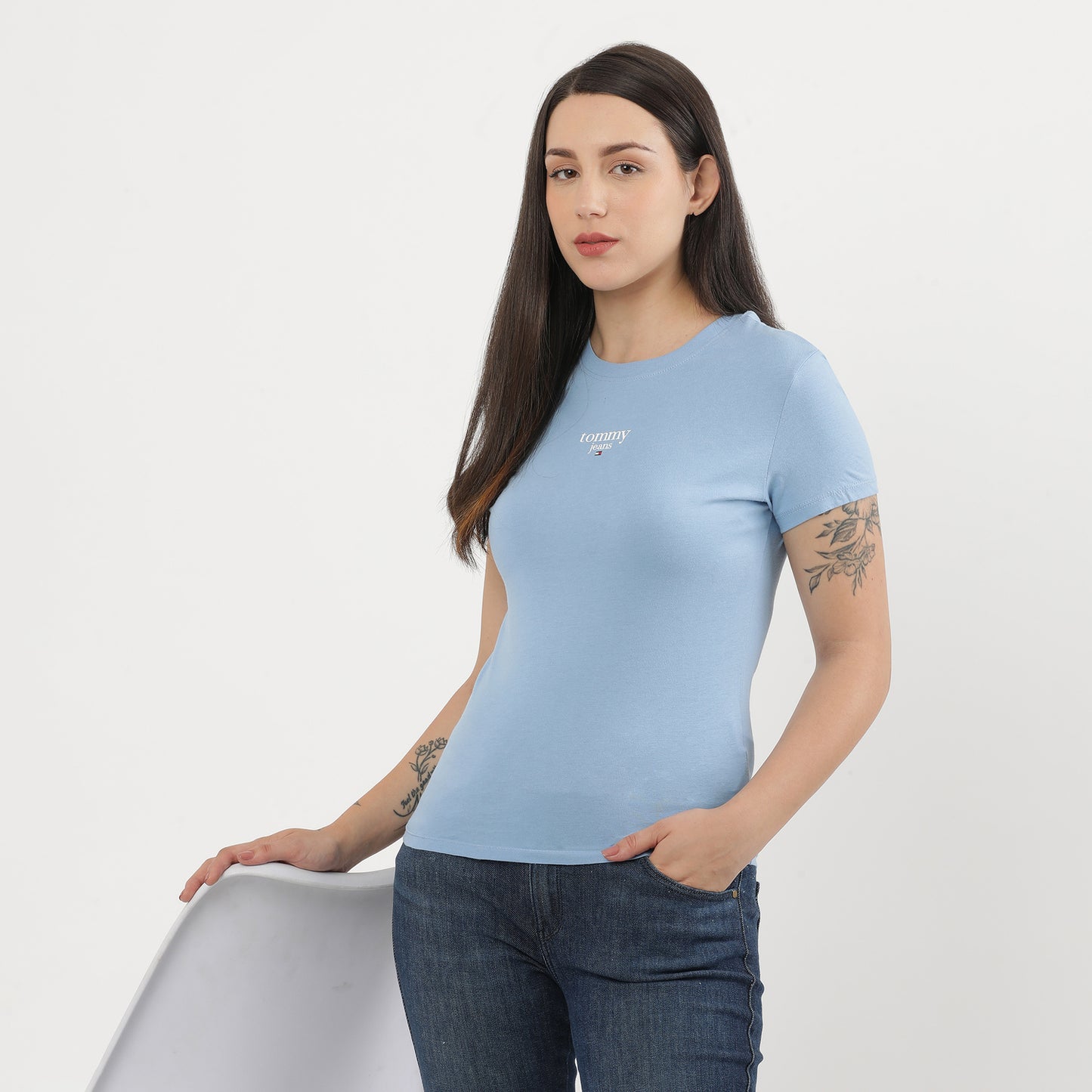 Women Solid Round Neck Cotton Blend Blue T-Shirt