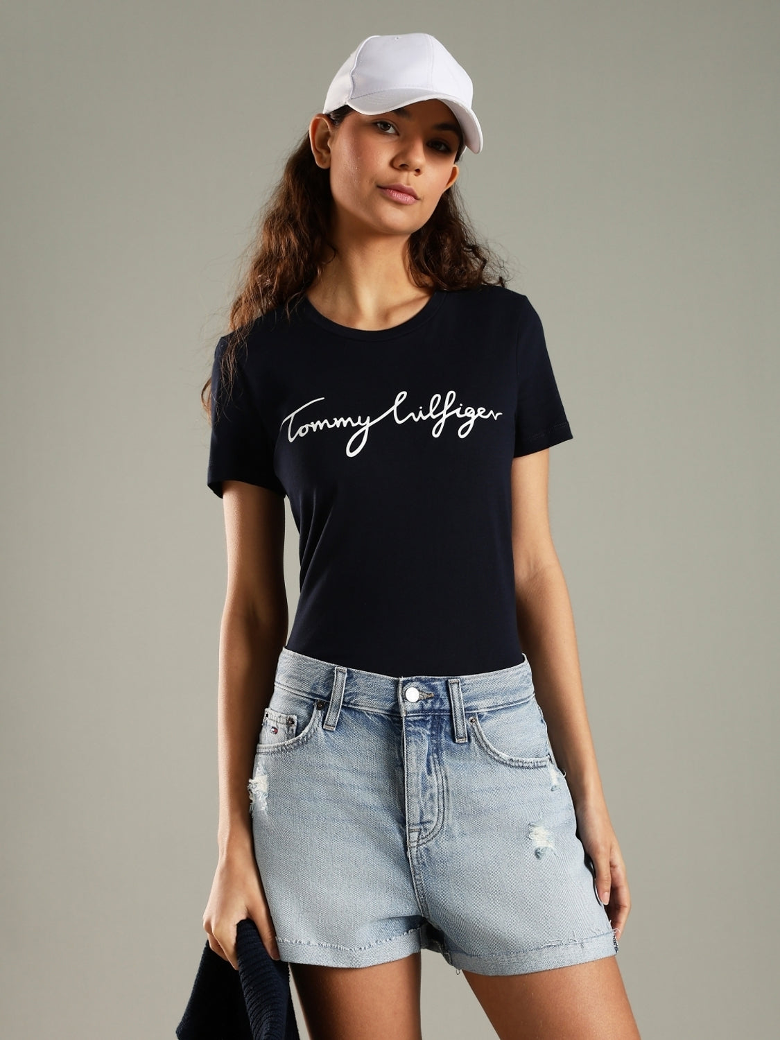 Women Printed Crew Neck Pure Cotton Navy Blue T-Shirt