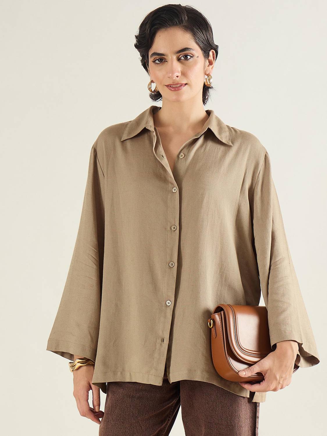 Women Oversized Fit Solid Spread Collar Casual Shirt