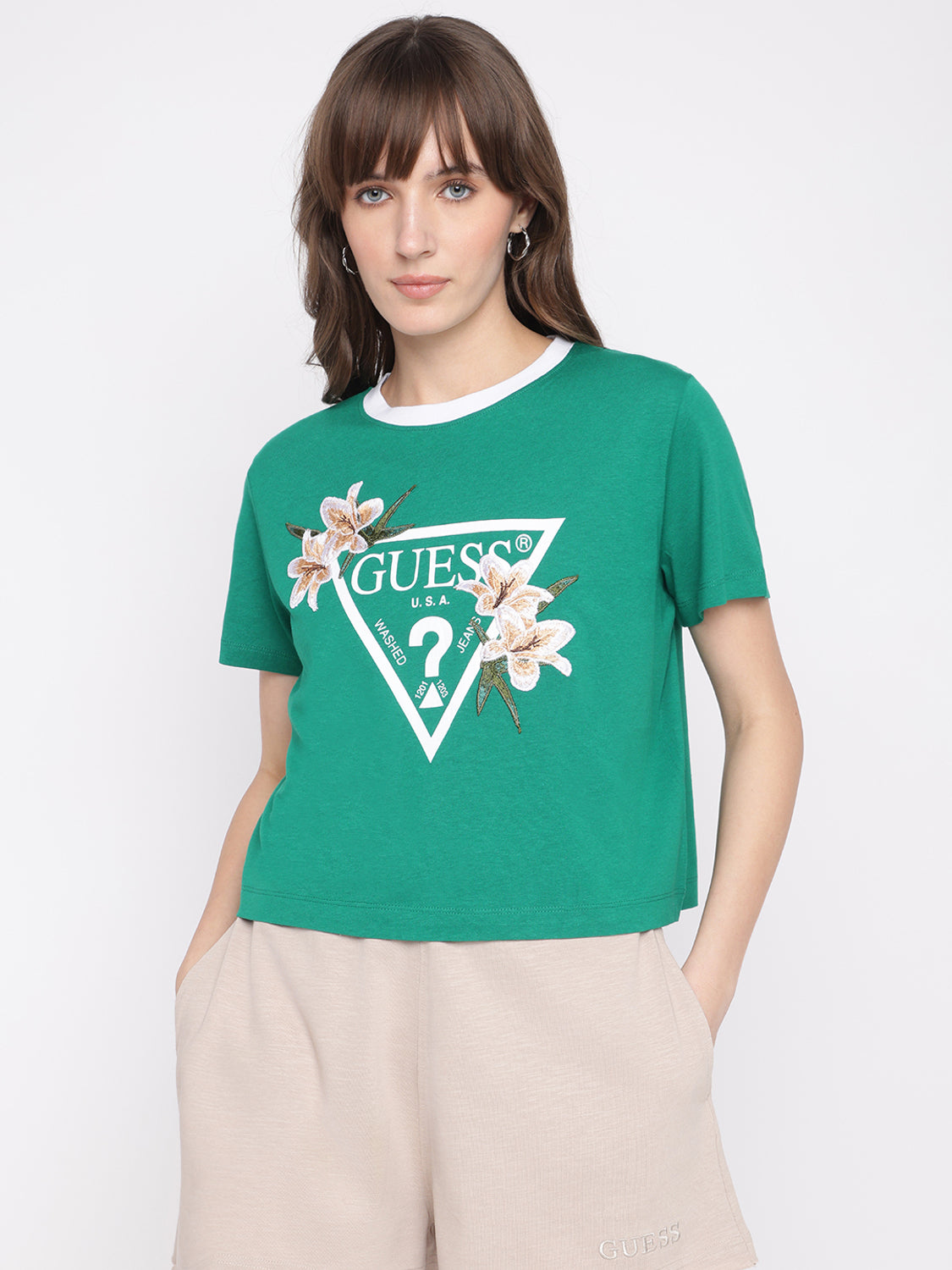 Women Embroidered Crew Neck Cotton Blend Green T-Shirt