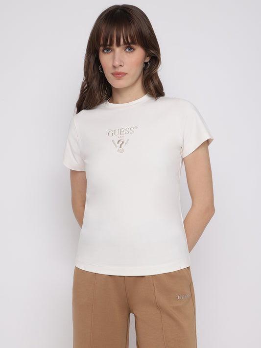 Women Typography Crew Neck Cotton Blend White T-Shirt