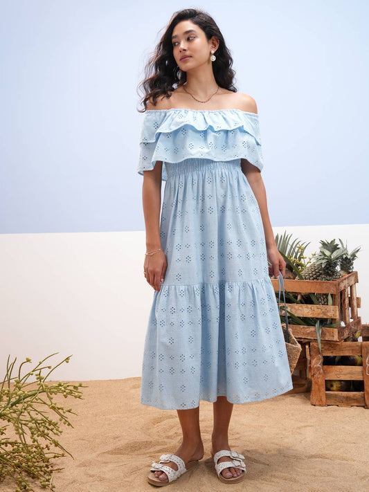 Women Fit and Flare Blue Midi/Calf Length Dress