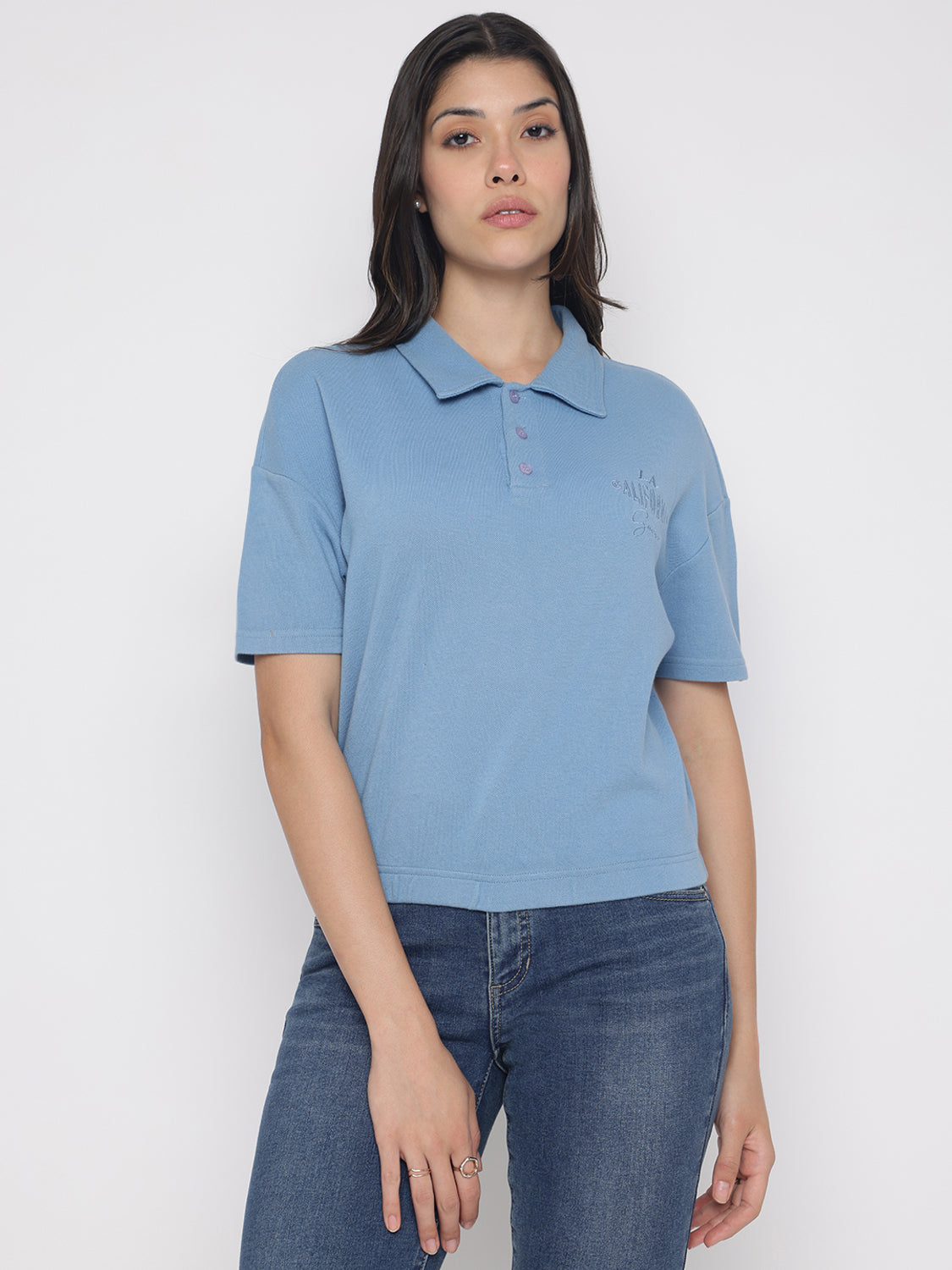 Women Embroidered Polo Neck Cotton Blend Blue T-Shirt