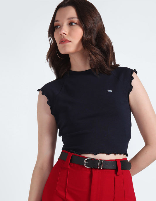 Women Embroidered Round Neck Organic Cotton Blue T-Shir...