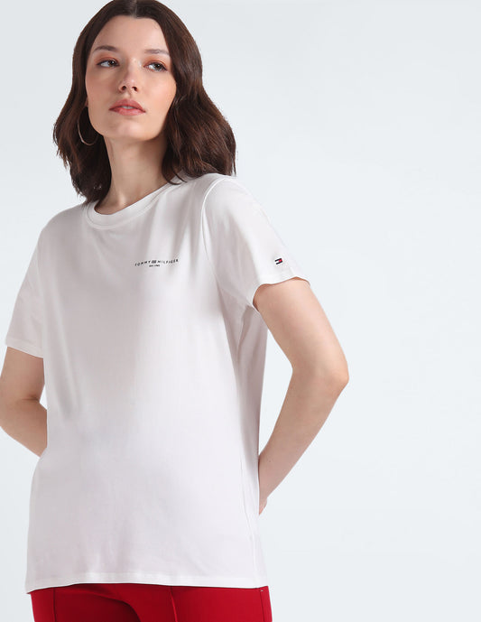 Women Solid Crew Neck Organic Cotton White T-Shirt