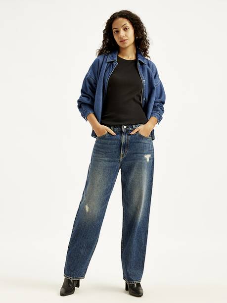 Women Loose Fit High Rise Blue Jeans
