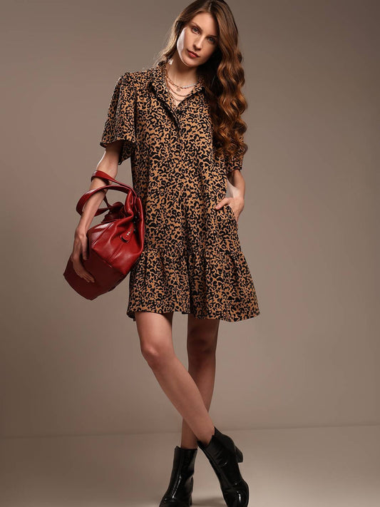 Women Shirt Beige, Black Above Knee/Mid Thigh Length Dr...