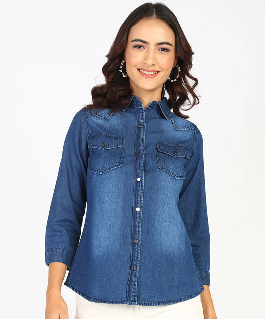Women Regular Fit Washed Spread Collar Casual Shirt