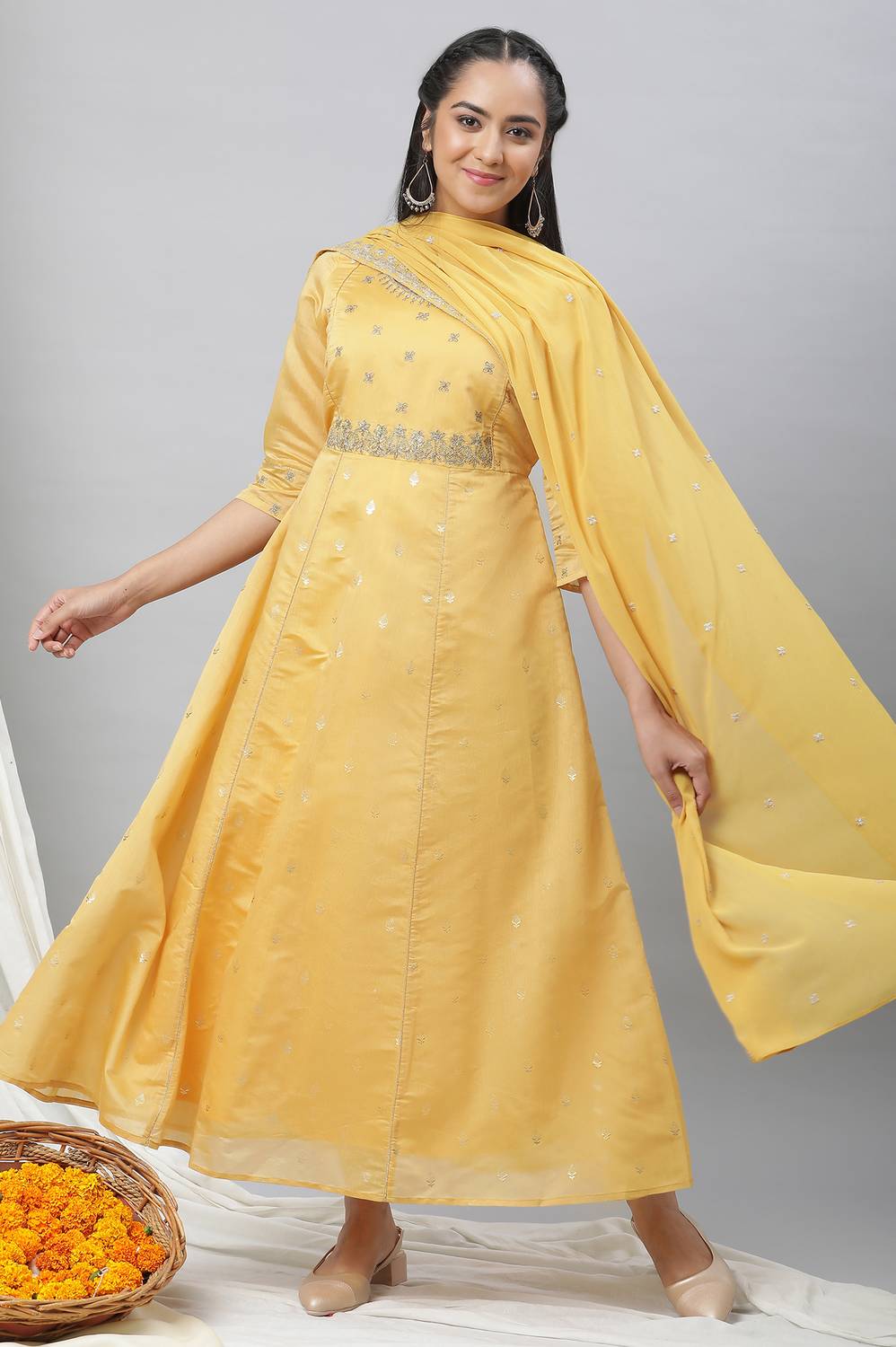 Women Fit and Flare Yellow Knee Length Dress