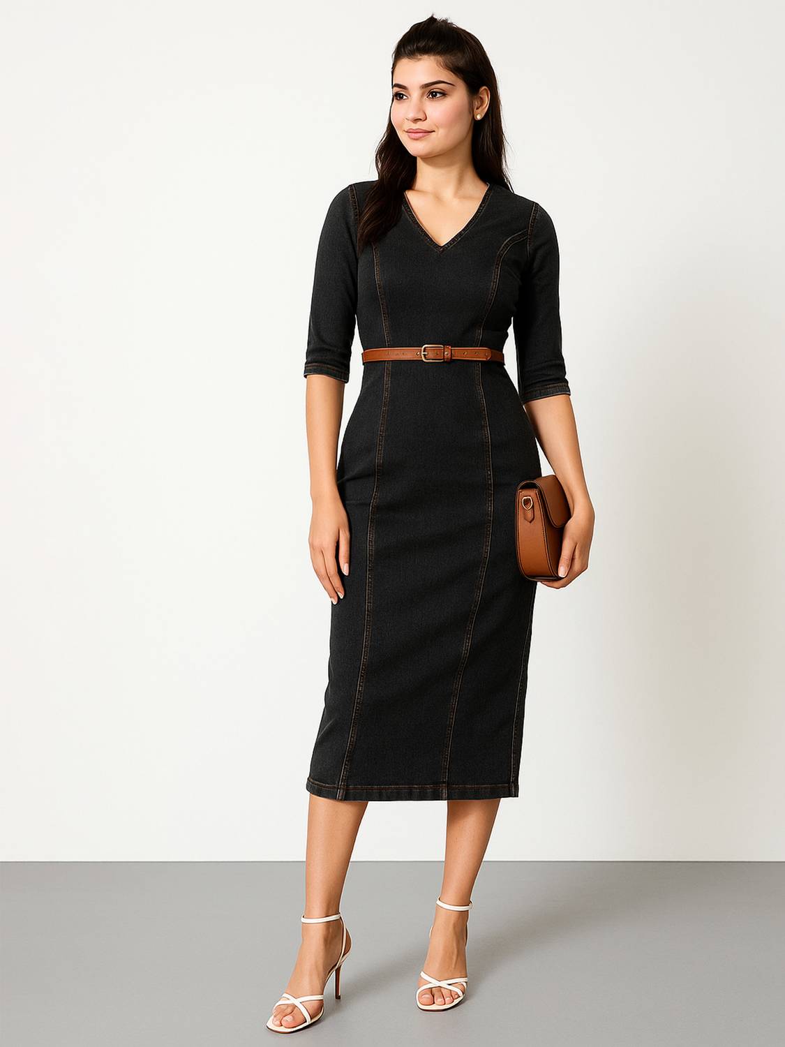 Women Bodycon Black Below Knee Dress