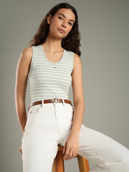 Women Striped Scoop Neck Pure Cotton Green T-Shirt