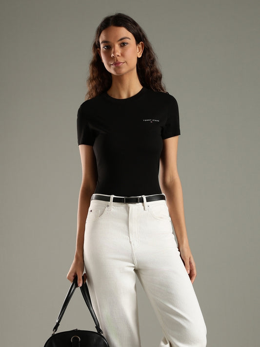 Women Solid Crew Neck Pure Cotton Black T-Shirt