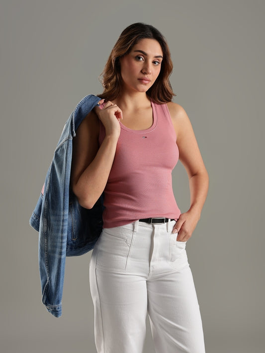 Women Self Design Round Neck Pure Cotton Pink T-Shirt