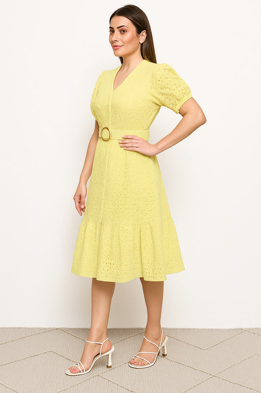 Women A-line Yellow Midi/Calf Length Dress