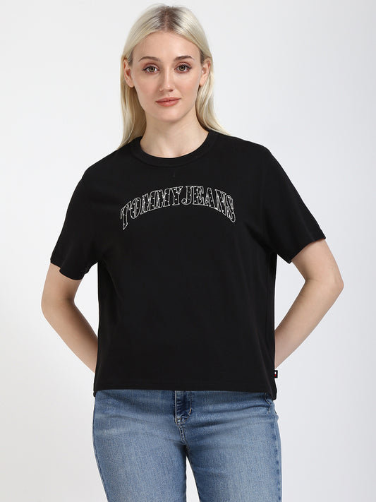 Women Solid Round Neck Cotton Blend Black T-Shirt