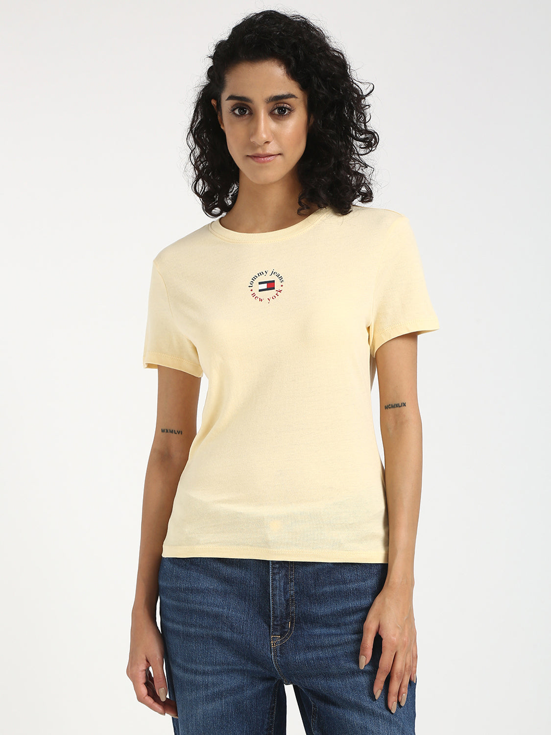 Women Printed Crew Neck Cotton Blend Yellow T-Shirt
