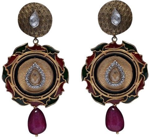 Treta Pretty Kundan Style With Red Drops And White Crystal Stone Silver Drop Earring