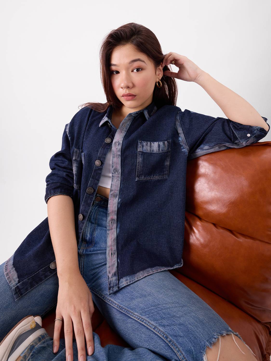 Women Oversized Fit Solid Button Down Collar Casual Shi...